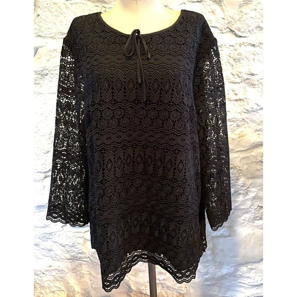 Talbots Black Crochet Lace Tunic Top Sheer Bell Sleeve Keyhole Back XL Boho Lux